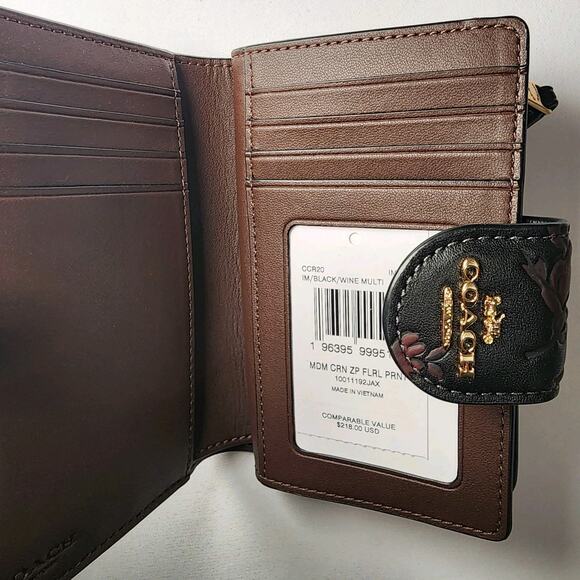 NWT COACH CCR20 Medium Corner Zip Wallet Floral Print Smooth Leather Black/Wine - Picture 5 of 5